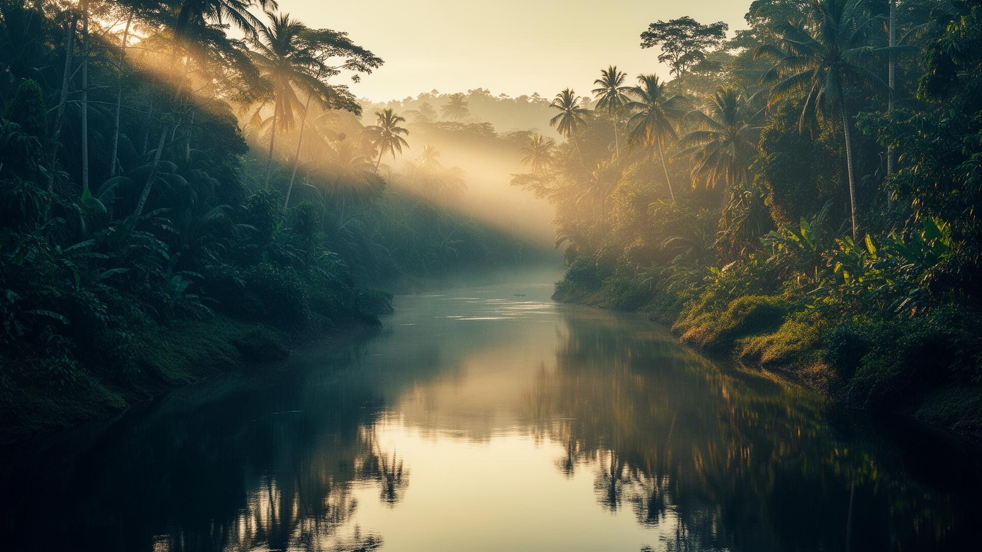 Tropical river through Indonesian rainforest at golden hour
